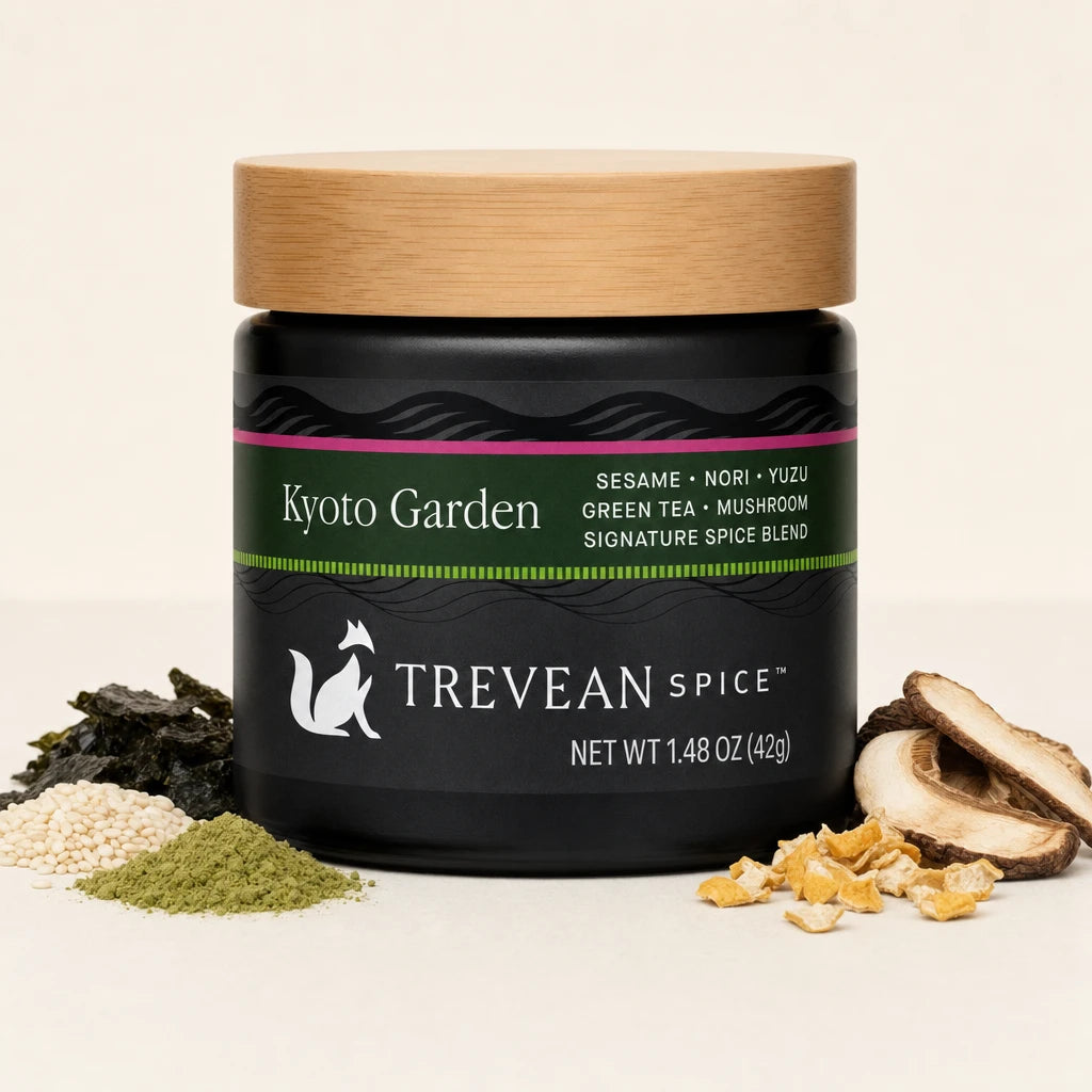 Kyoto Garden spice blend, 42 g, in a black jar with bamboo lid and its featured ingredients