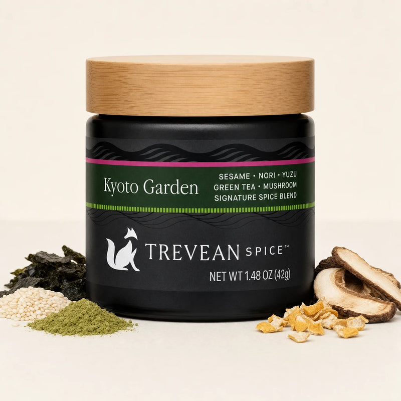 Kyoto Garden spice blend, 42 g, in a black jar with bamboo lid and its featured ingredients