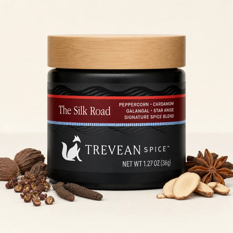 The Silk Road spice blend, 36 g, in a black jar with bamboo lid and its featured ingredients